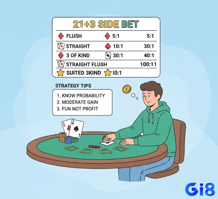 Người chơi Blackjack tìm hiểu side bet 21+3, kết hợp hai lá bài của mình và một lá nhà cái để tạo bộ bài poker, với các tỷ lệ trả thưởng khác nhau