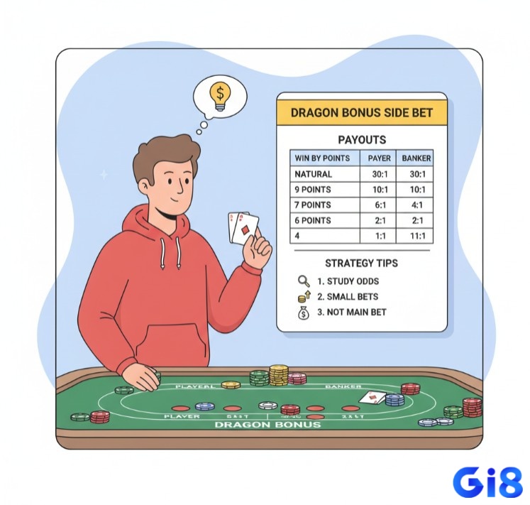 Người chơi Baccarat tìm hiểu Dragon Bonus, một cược phụ dựa trên chênh lệch điểm để tối ưu lợi nhuận