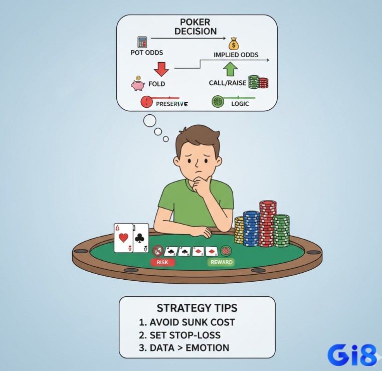 Người chơi poker hiểu tầm quan trọng của quản lý vốn và đặt điểm cắt lỗ/chốt lời để kiểm soát rủi ro, tránh "sunk cost fallacy"