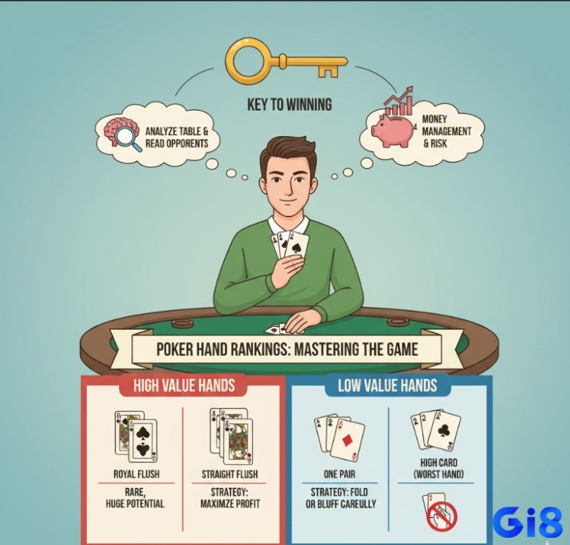 Người chơi Poker nắm vững thứ hạng tay bài chuẩn, kết hợp phân tích bàn bài, đọc vị đối thủ và quản lý rủi ro để tăng cơ hội chiến thắng