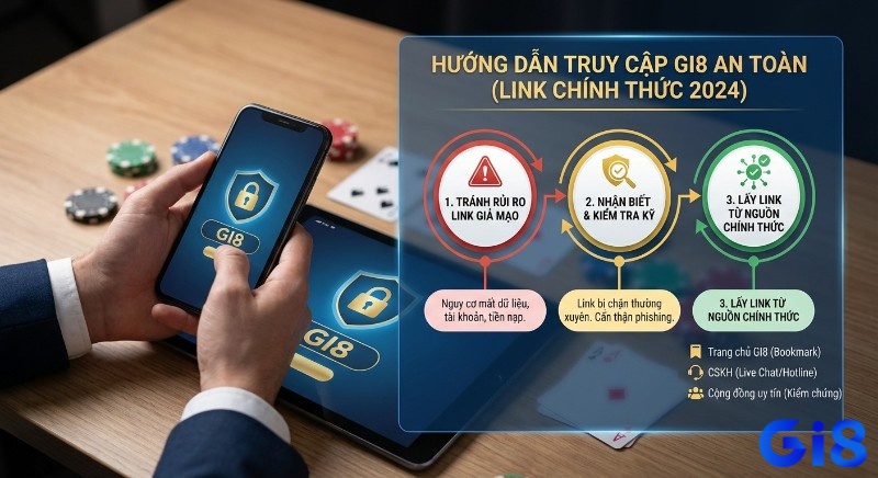 Hướng dẫn truy cập chơi GI8 trực tuyến an toàn qua link chính thức 2026, nhấn mạnh nhận biết link giả mạo và lấy từ nguồn uy tín