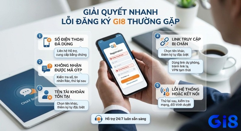 Hướng dẫn giải quyết nhanh 5 lỗi thường gặp khi đăng ký Gi8: số điện thoại đã dùng, mã OTP, link chặn và hỗ trợ 24/7