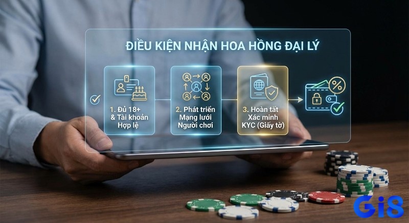 Quy trình 3 bước điều kiện để nhận hoa hồng đại lý Gi8: đủ 18+, phát triển mạng lưới và hoàn tất xác minh KYC