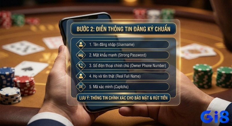 Quy trình Bước 2 đăng ký tài khoản Gi8: điền thông tin chuẩn (tên, mật khẩu, SĐT, họ tên) để bảo mật và rút tiền