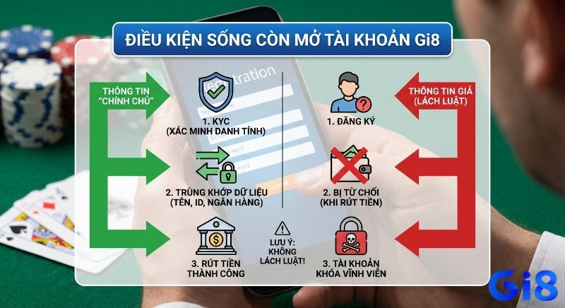 Quy trình hướng dẫn điều kiện sống còn mở tài khoản Gi8, thông tin chính chủ qua KYC để rút tiền thành công, tránh khóa vĩnh viễn