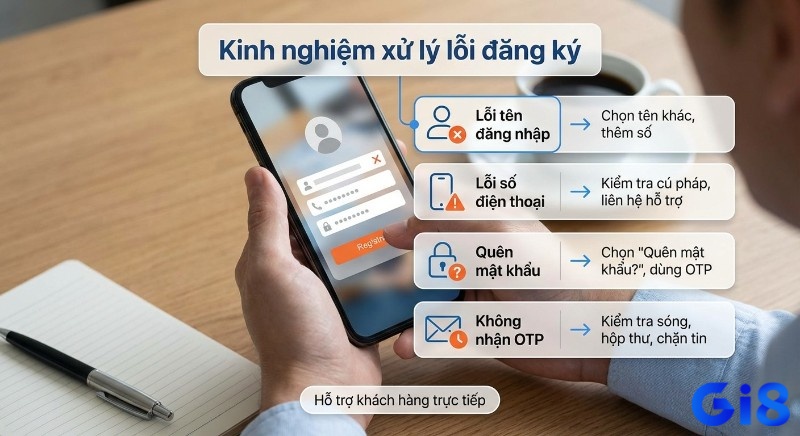 Hướng dẫn khắc phục lỗi đăng ký tài khoản Gi8: tên đăng nhập, số điện thoại, quên mật khẩu và không nhận OTP, kèm giải pháp cụ thể