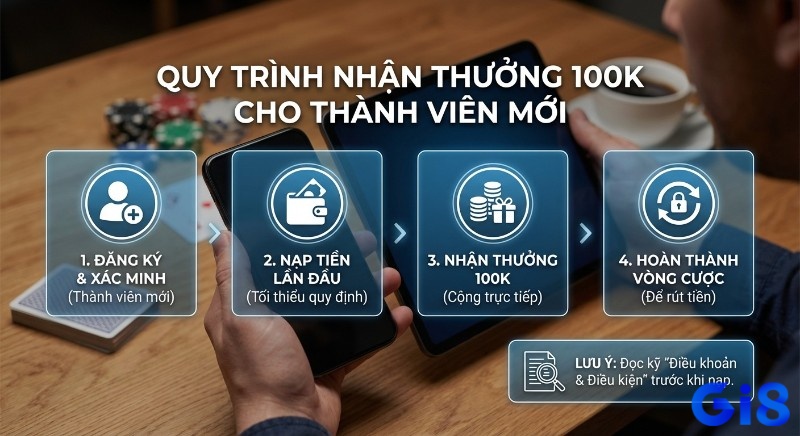 Quy trình 4 bước nhận thưởng 100K cho thành viên mới tại Gi8: Đăng ký, nạp tiền, hoàn thành vòng cược và đọc kỹ điều khoản
