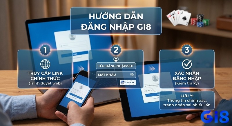 Quy trình 3 bước đăng nhập Gi8: truy cập link chính thức, điền thông tin tài khoản và xác nhận cẩn thận để tránh lỗi