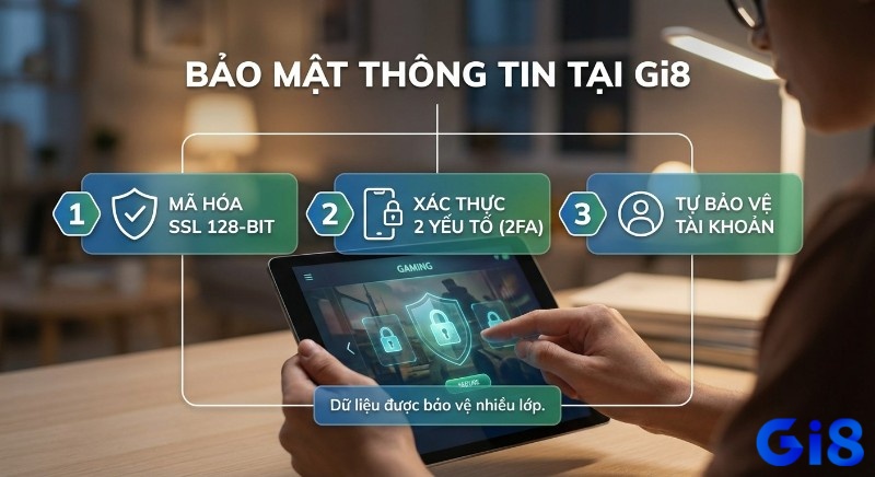 Minh họa bảo mật tài khoản GI8 với mã hóa dữ liệu và xác thực nhiều lớp