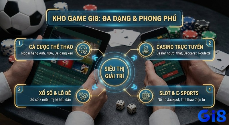 Tổng quan các trò chơi tại GI8 gồm thể thao, casino, xổ số, slot, bắn cá và e-sports