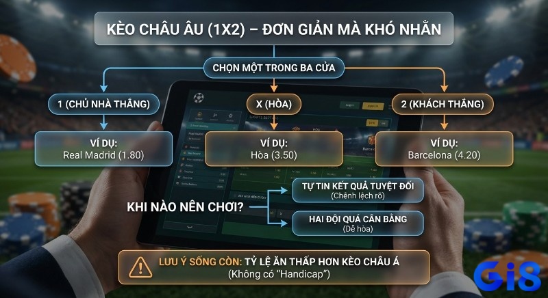 Tổng quan kèo Châu Âu (1X2) hướng dẫn người chơi chọn cửa (1, X, 2) với ví dụ cụ thể, thời điểm đặt cược và lưu ý quan trọng