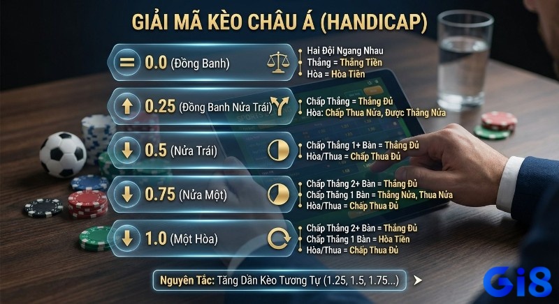Bảng giải mã kèo Châu Á Handicap chi tiết các mức chấp phổ biến 0.0, 0.25, 0.5, 0.75, 1.0 và nguyên tắc tăng dần