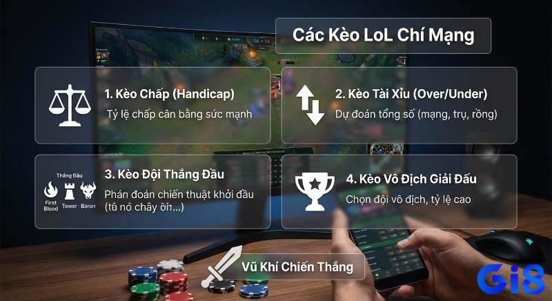 Tổng hợp 4 loại kèo cược Liên Minh Huyền Thoại chí mạng: kèo chấp, tài xỉu, đội thắng đầu và vô địch, cùng công cụ chiến thắng