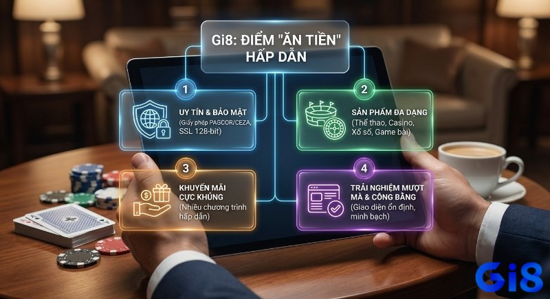 Tổng quan các điểm "ăn tiền" hấp dẫn của Gi8: uy tín bảo mật với PAGCOR/CEZA, sản phẩm đa dạng, khuyến mãi khủng và trải nghiệm mượt mà