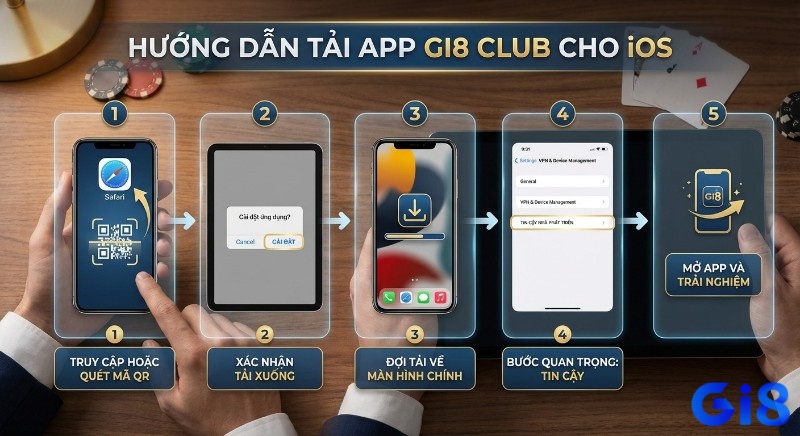 Quy trình 5 bước tải app GI8 Club cho iOS/iPhone, hướng dẫn từ quét mã QR đến thiết lập tin cậy nhà phát triển