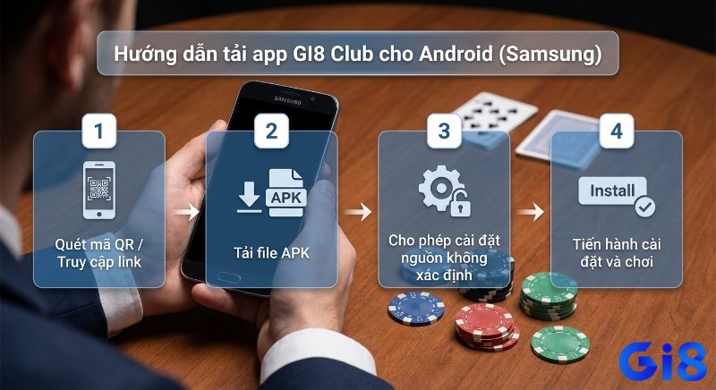 Quy trình 4 bước hướng dẫn tải game gi8 club gi8 cho Android Samsung từ quét mã QR, tải APK, cấp quyền đến cài đặt ứng dụng