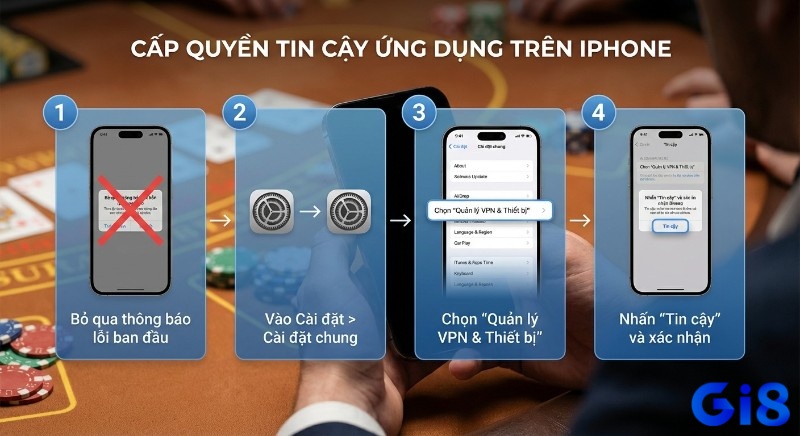 Quy trình 4 bước cấp quyền tin cậy ứng dụng Gi8 trên iPhone qua Cài đặt chung, mục Quản lý VPN và Thiết bị