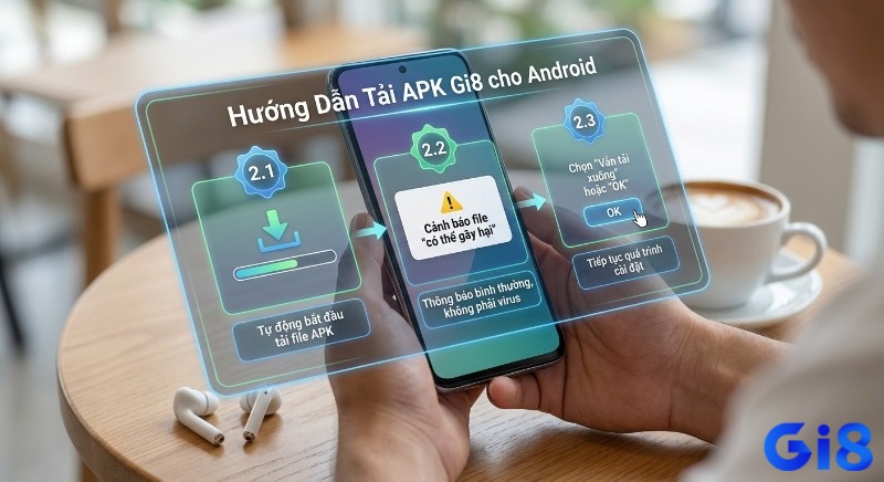 Hướng dẫn từng bước tải APK Gi8 cho Android, giải quyết cảnh báo file có thể gây hại bằng cách chọn Vẫn tải xuống hoặc OK