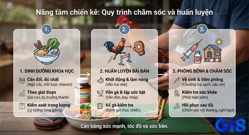 Quy trình 3 bước nâng tầm chiến kê qua chăm sóc khoa học: dinh dưỡng, huấn luyện và phòng bệnh hiệu quả