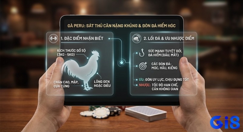 Tổng quan về gà Peru: chiến kê nổi tiếng với đòn đá hiểm, trọng lượng lớn 3–5kg cùng đặc điểm, lối đá và ưu nhược điểm.