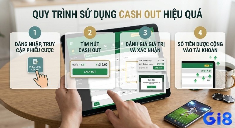 Quy trình 4 bước sử dụng Cash Out hiệu quả trên nền tảng cá cược, minh họa từ truy cập phiếu cược đến cộng tiền