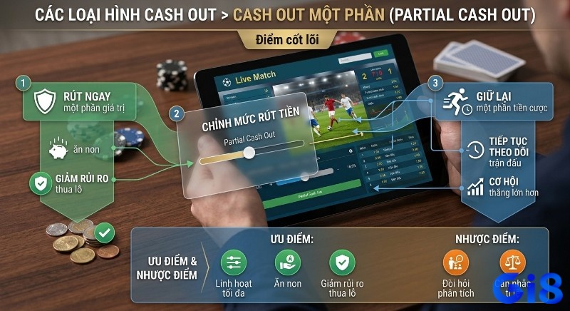 Tổng quan cơ chế Cash out cược một phần (Partial Cash out cược) giúp rút tiền ngay và vẫn giữ lại cược để tối ưu lợi nhuận, giảm thiểu rủi ro