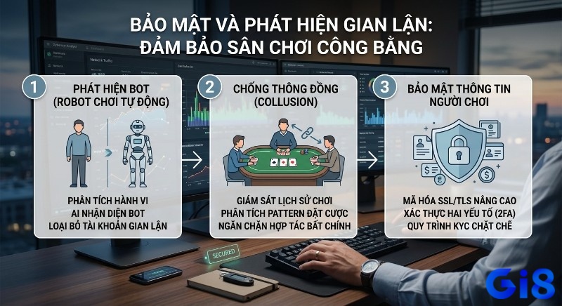 Quy trình 3 bước phát hiện hành vi bất thường và bảo mật dữ liệu: nhận diện bot, chống thông đồng, bảo vệ thông tin bằng KYC, 2FA