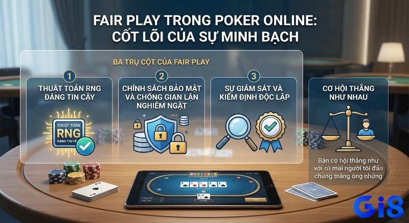 Tổng quan ba trụ cột Fair play trong poker online: RNG, bảo mật, giám sát độc lập, tạo môi trường minh bạch công bằng