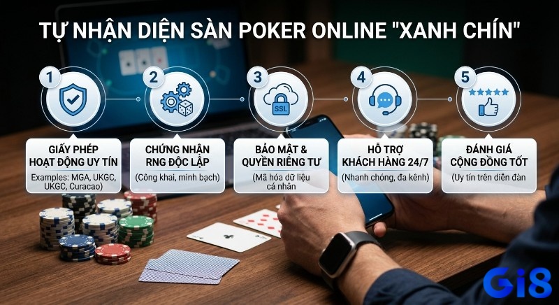 Checklist 5 yếu tố quan trọng giúp tự nhận diện sàn poker fair play trong poker online: giấy phép, chứng nhận RNG, bảo mật, hỗ trợ 24/7 và uy tín cộng đồng