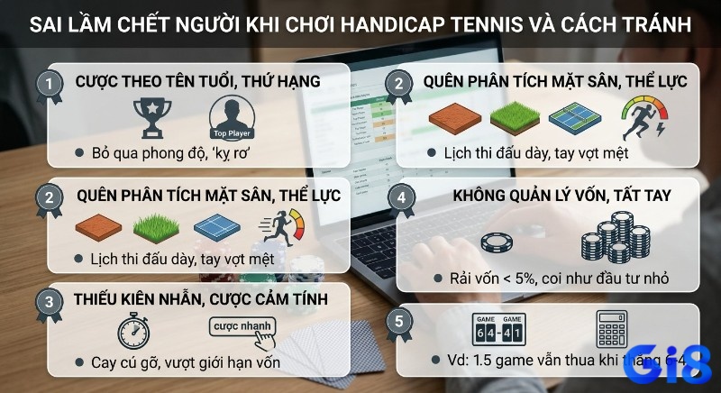 Checklist 5 sai lầm chết người khi chơi handicap tennis: cược theo tên tuổi, bỏ qua mặt sân, thiếu kiên nhẫn, không quản lý vốn, không hiểu kèo chấp