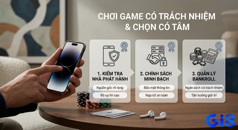 Quy trình 3 bước chọn game có tâm và chơi có trách nhiệm: kiểm tra nhà phát hành, chính sách minh bạch, quản lý bankroll