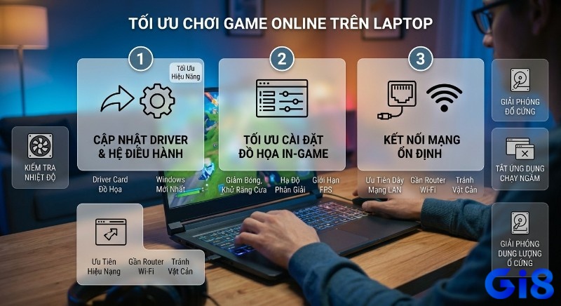 Checklist kinh nghiệm tối ưu chơi game online cho laptop: cập nhật driver, cài đặt đồ họa, mạng ổn định, kiểm tra nhiệt độ