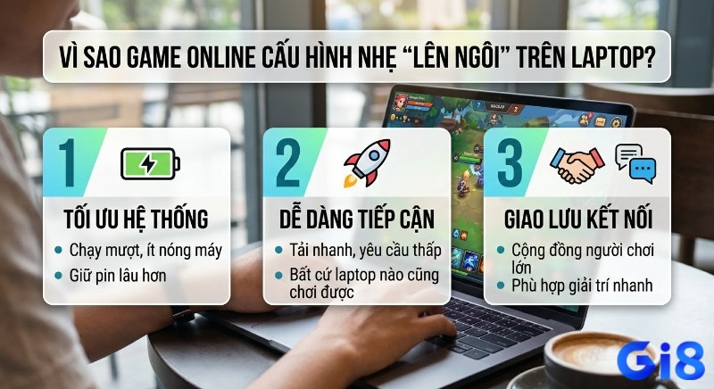 Tổng hợp 3 lợi ích vượt trội khi chơi game online cho laptop cấu hình nhẹ: tối ưu hệ thống, pin lâu, dễ tiếp cận mọi thiết bị, kết nối cộng đồng