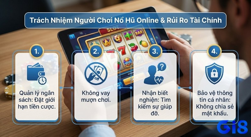 Checklist 4 nguyên tắc trách nhiệm người chơi nổ hũ online: kiểm soát ngân sách, tránh vay, nhận diện nghiện và bảo mật tài khoản