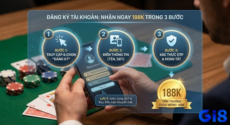 Quy trình 3 bước đăng ký tài khoản GI8 nhận 188K tiền thưởng: truy cập, điền thông tin, xác thực OTP