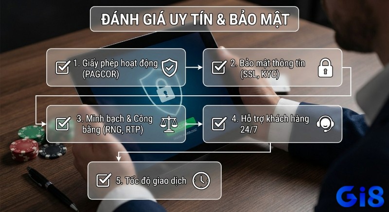 Hướng dẫn đánh giá uy tín và bảo mật GI8 qua 5 tiêu chí chính: giấy phép, bảo mật SSL, minh bạch RNG, CSKH 24/7, giao dịch nhanh