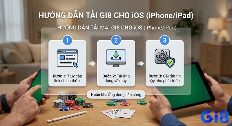 3 bước hướng dẫn tải app Gi8 cho iOS trên iPhone/iPad: truy cập link, tải ứng dụng và cài đặt tin cậy nhà phát triển