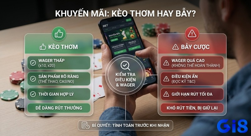 Checklist kiểm tra khuyến mãi Gi8 để chọn kèo thơm (wager thấp, dễ rút) và tránh bẫy cược (wager cao, điều kiện ẩn)