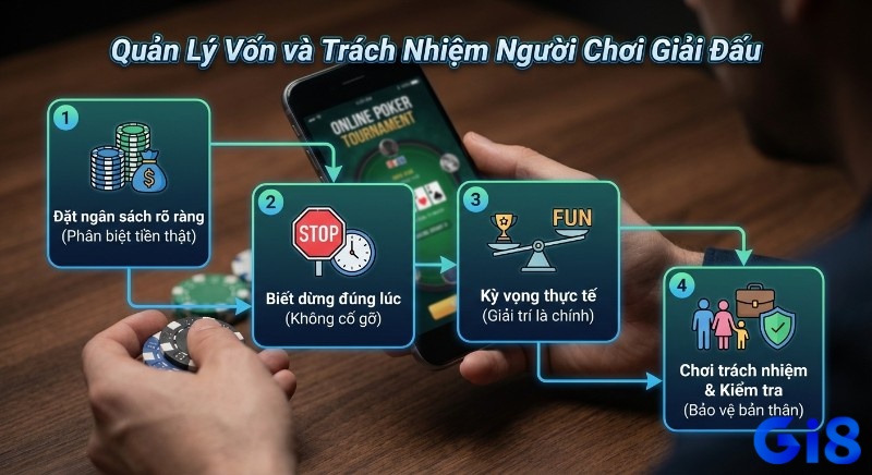Quy trình 4 bước quản lý vốn và trách nhiệm người chơi giải đấu, giúp bạn đặt ngân sách, biết dừng, có kỳ vọng thực tế và chơi có trách nhiệm