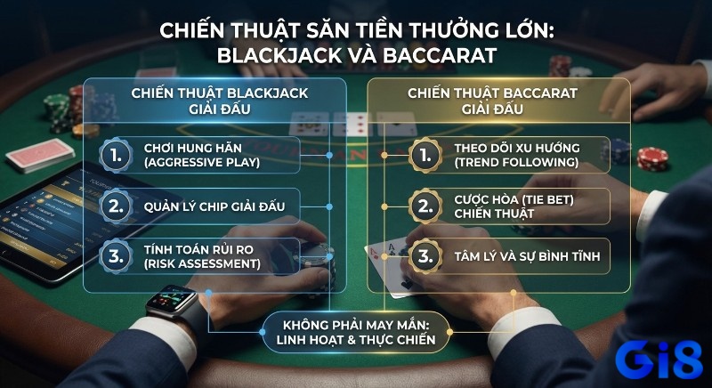 Bảng tóm tắt các chiến thuật thực chiến giúp săn tiền thưởng lớn trong giải đấu blackjack/baccarat, yêu cầu sự linh hoạt