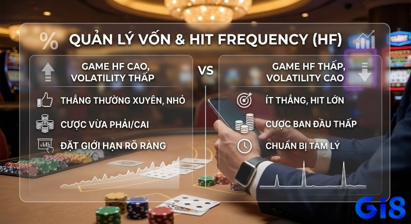 Chiến lược quản lý vốn dựa trên Hit frequency slot game là gì, so sánh game HF cao, volatility thấp và game HF thấp, volatility cao