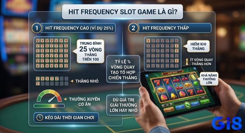 Bảng so sánh hit frequency slot game là gì giải thích sự khác biệt giữa tần suất thắng cược cao (thắng nhỏ, chơi lâu) và thấp (thưởng lớn)