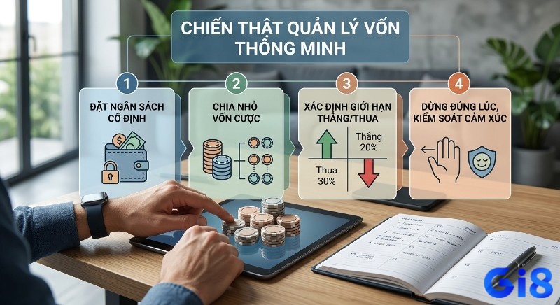 4 bước quản lý vốn thông minh, đặt ngân sách, chia nhỏ vốn, giới hạn thắng/thua và kiểm soát cảm xúc để thắng lớn