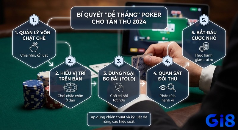 Chiến lược 5 bước "dễ thắng" Poker cho tân thủ 2026: quản lý vốn, vị trí, bỏ bài, quan sát và cược nhỏ