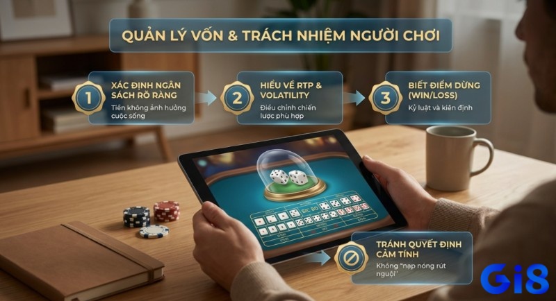 Checklist quản lý vốn, trách nhiệm người chơi Sic Bo: Xác định ngân sách, hiểu RTP & Volatility, biết điểm dừng, tránh cảm tính