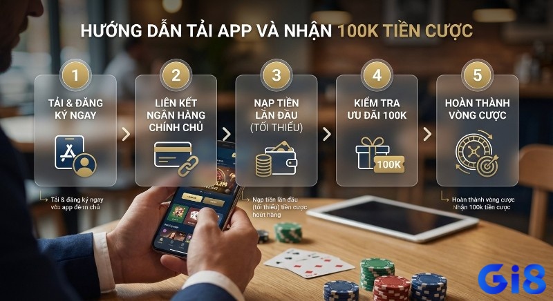 Quy trình 5 bước hướng dẫn tai game gi8 và nhận 100K tiền cược, bao gồm đăng ký, nạp tiền và hoàn thành vòng cược