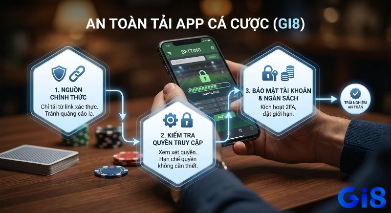 Quy trình 3 bước tải app cá cược Gi8 an toàn: chọn nguồn xác thực, kiểm tra quyền và bảo mật 2FA tài khoản