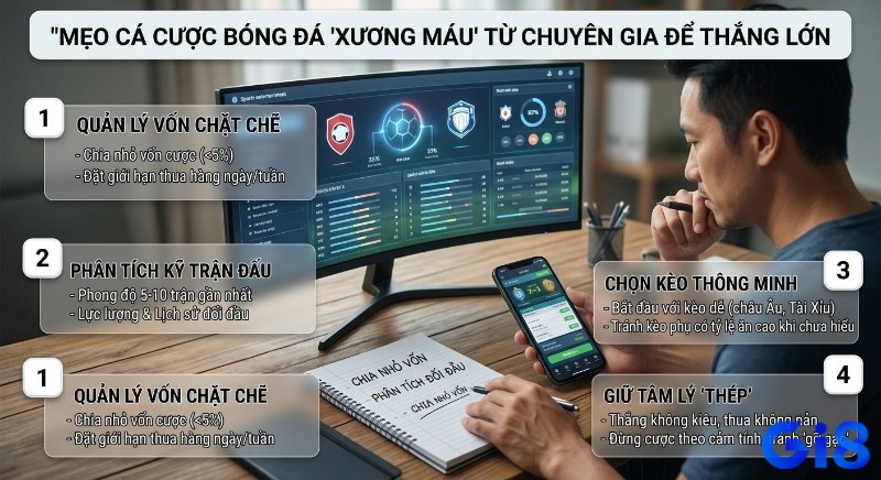 Quy trình 4 mẹo cá cược bóng đá thực chiến: quản lý vốn chặt chẽ, phân tích, chọn kèo thông minh, giữ tâm lý thép để thắng lớn