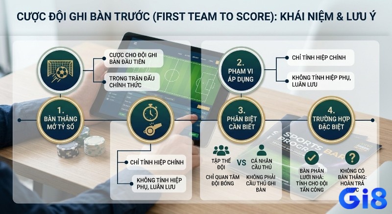 Khái niệm và lưu ý về cược đội ghi bàn trước là gì (First Team to Score) qua 4 điểm chính: bàn thắng, phạm vi, phân biệt, đặc biệt