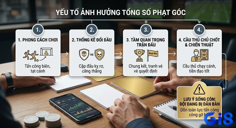 Sơ đồ 4 yếu tố chính ảnh hưởng tổng số phạt góc trận đấu, từ phong cách chơi đến áp lực khi đội bị dẫn bàn
